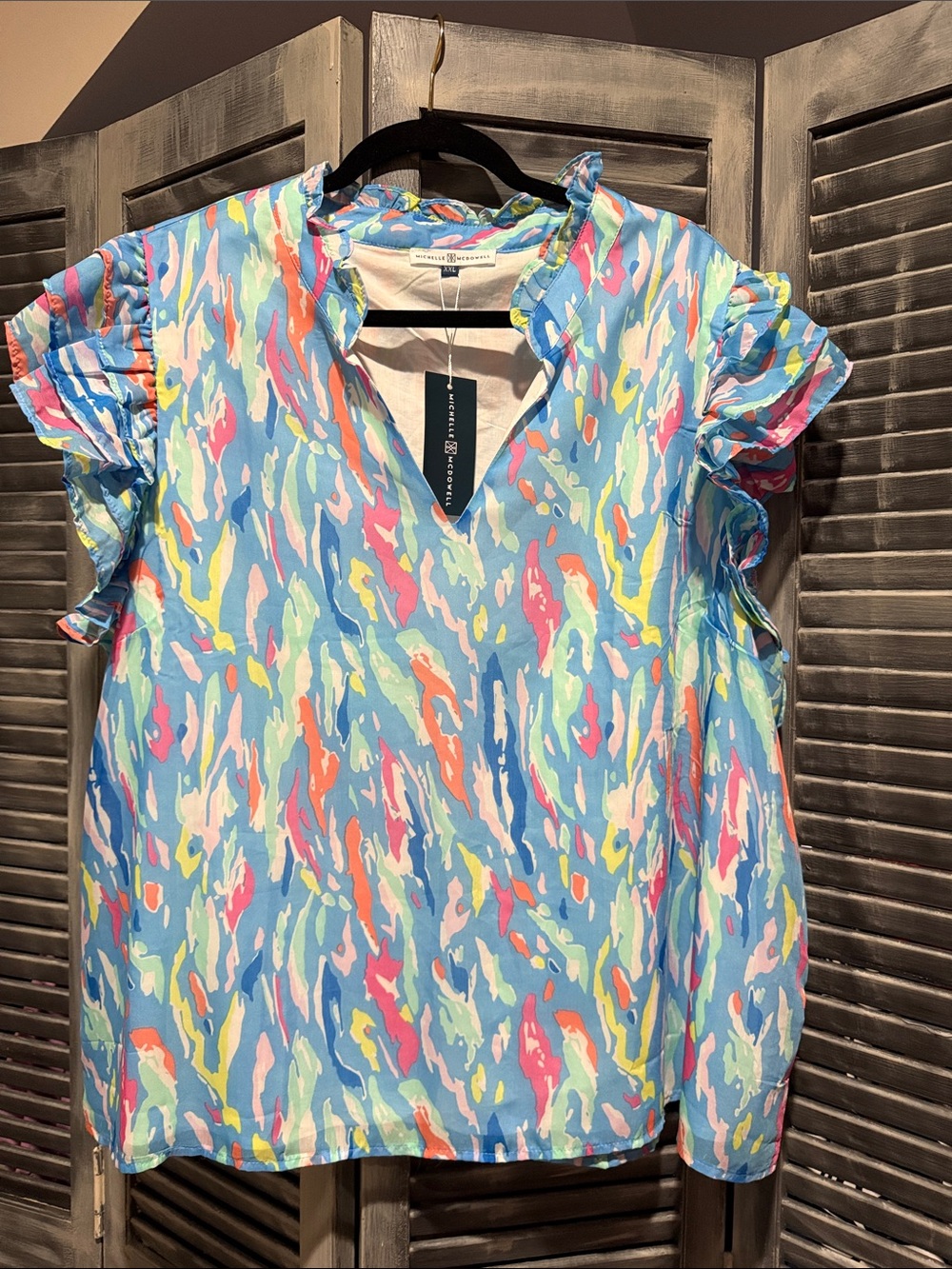 Blue Multi Ruffle-Sleeve Lined V-Neck Blouse